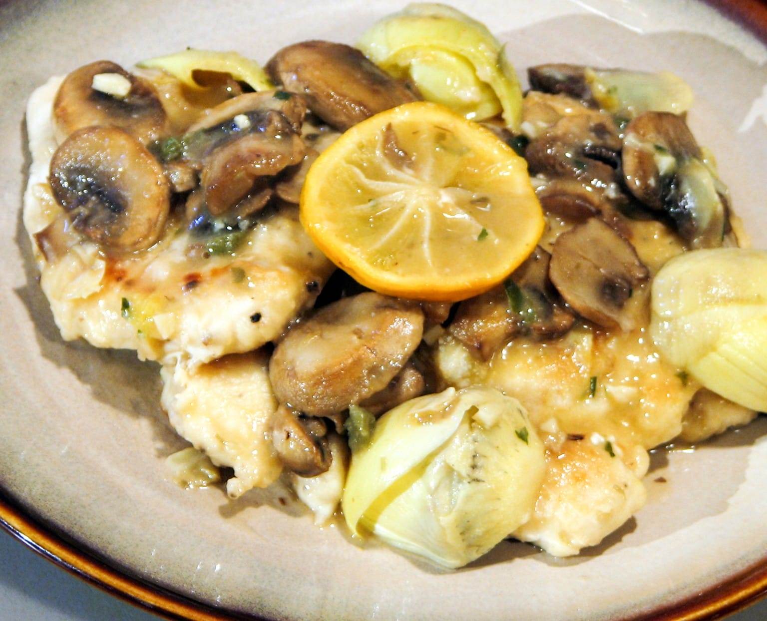 Chicken, Mushrooms and Artichoke Hearts in a Roasted Lemon Sauce For