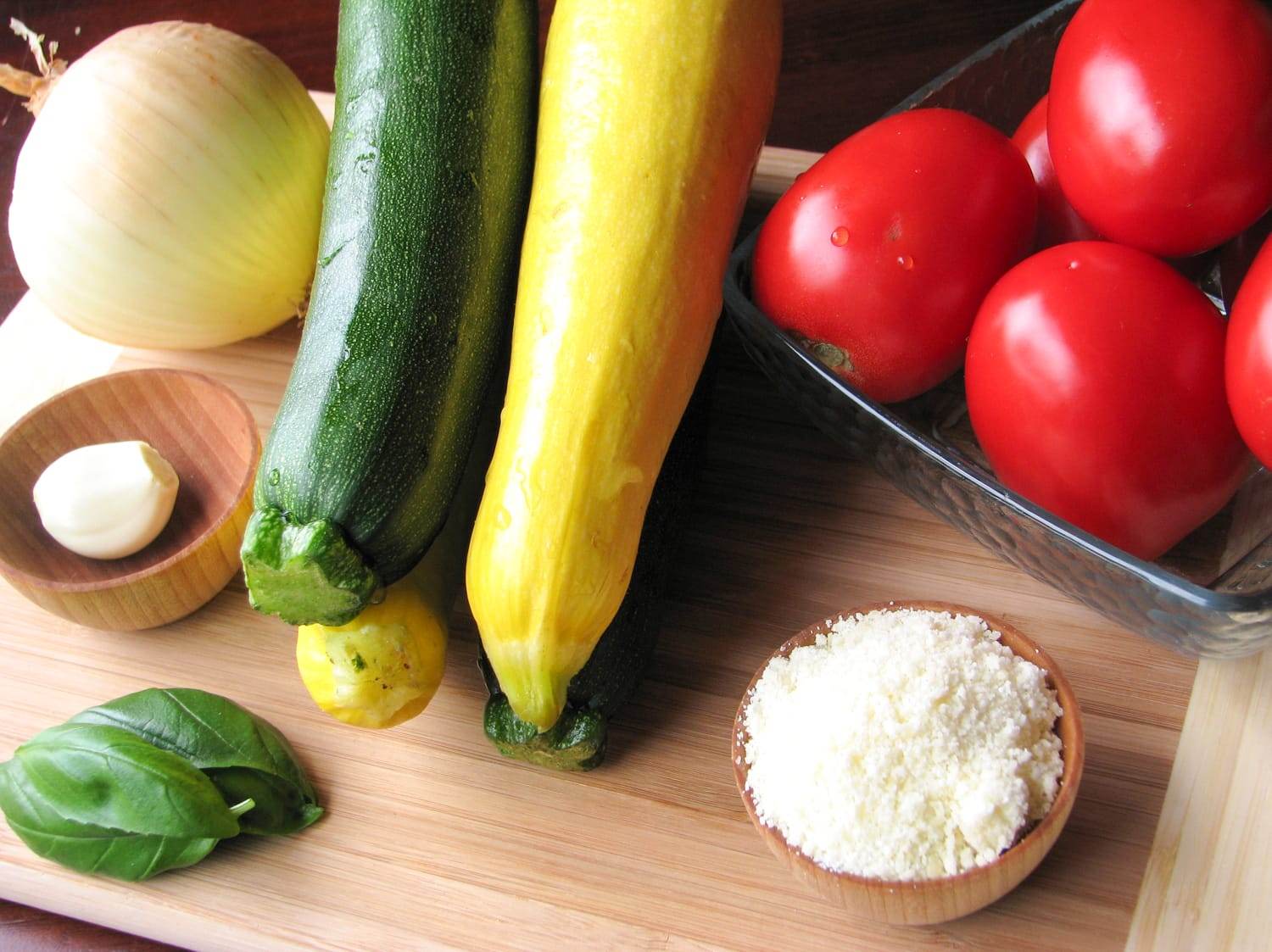 Tomato, Zucchini, Squash and Caramelized Onion Gratin