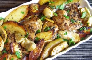 Roast Chicken Thighs with Potatoes, Artichokes and Lemon