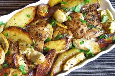 Roast Chicken Thighs with Potatoes, Artichokes and Lemon