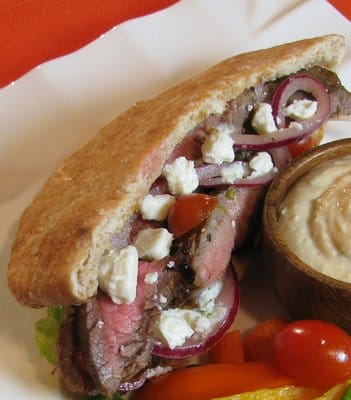 Greek Steak Pita with Tzatziki Sauce and Marinated Red Onion