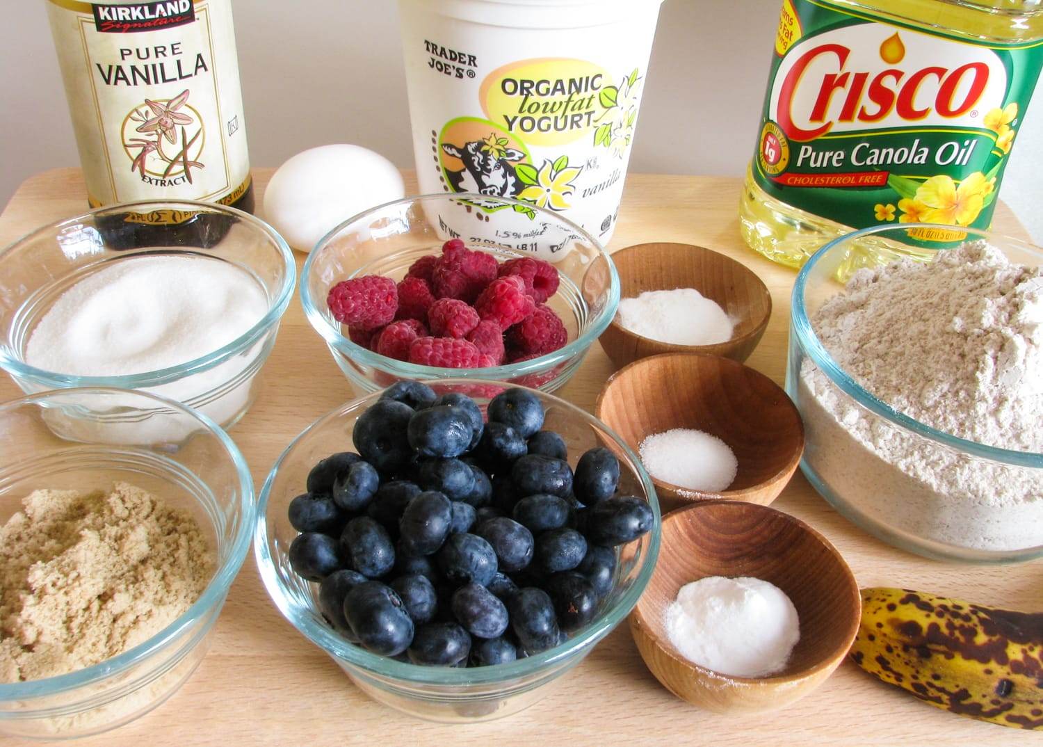 Banana, Blueberry and Raspberry Muffins