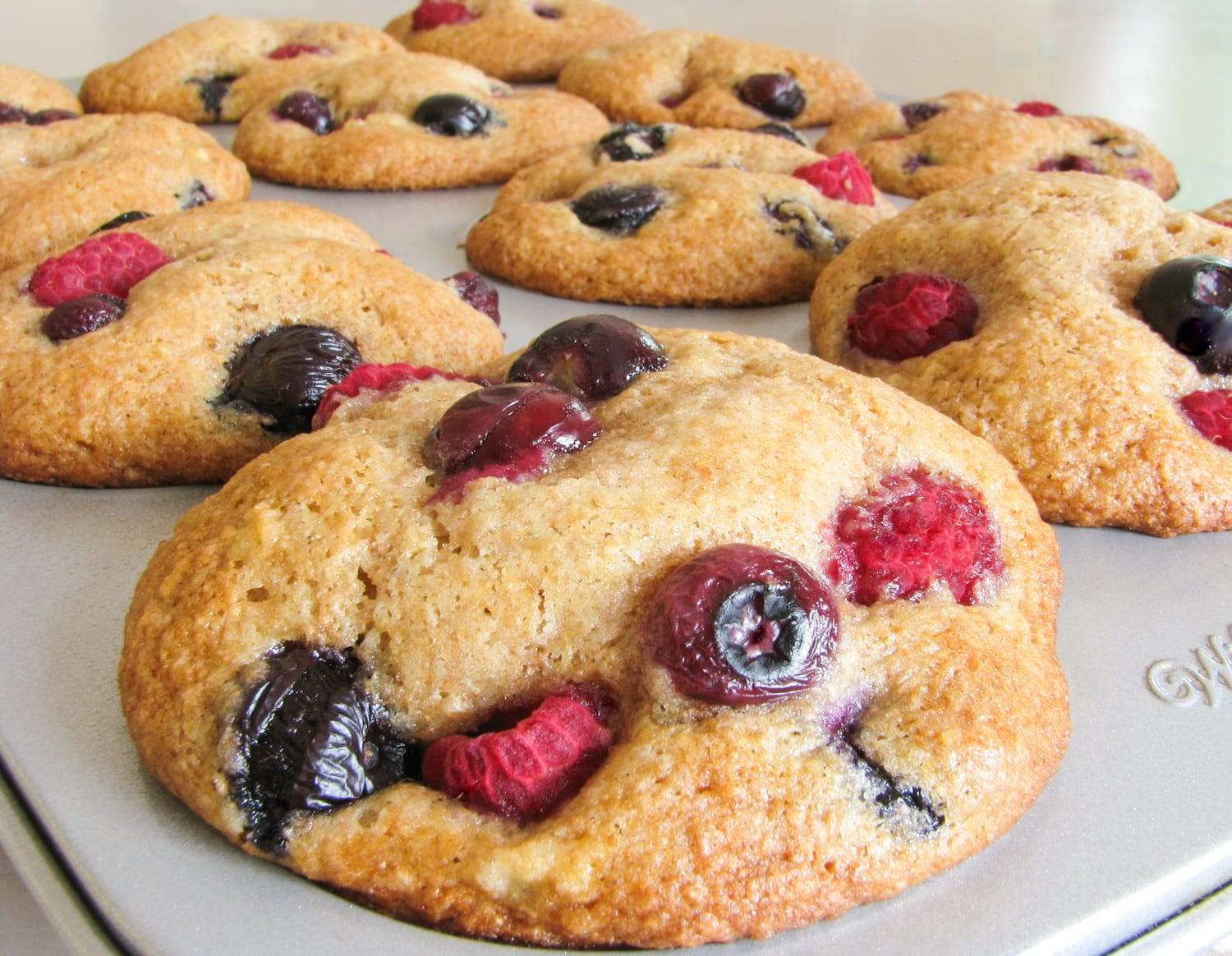 Banana, Blueberry and Raspberry Muffins