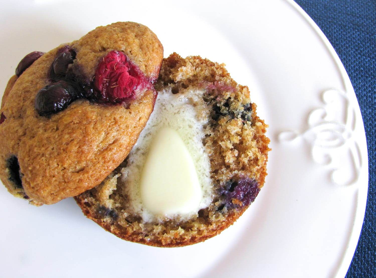 Banana, Blueberry and Raspberry Muffins