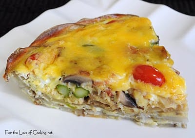 Mushroom, Asparagus, Bacon, and Tomato Quiche with a Potato Crust