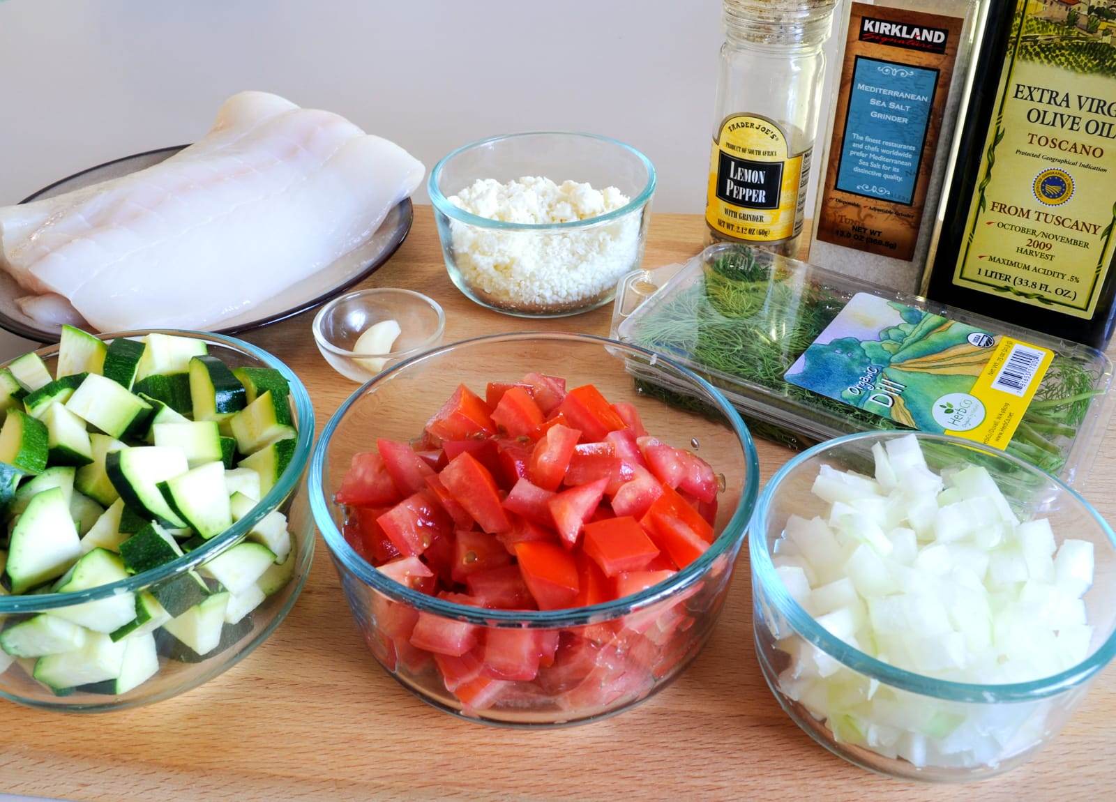 Baked Halibut Topped with Zucchini, Tomato, Dill, and Feta