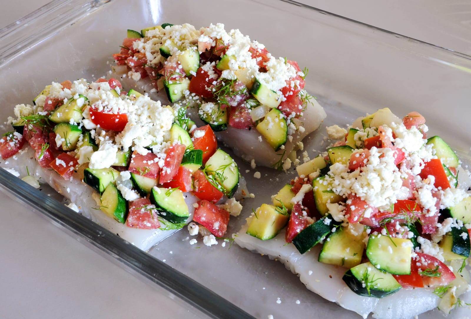 Baked Halibut Topped with Zucchini, Tomato, Dill, and Feta