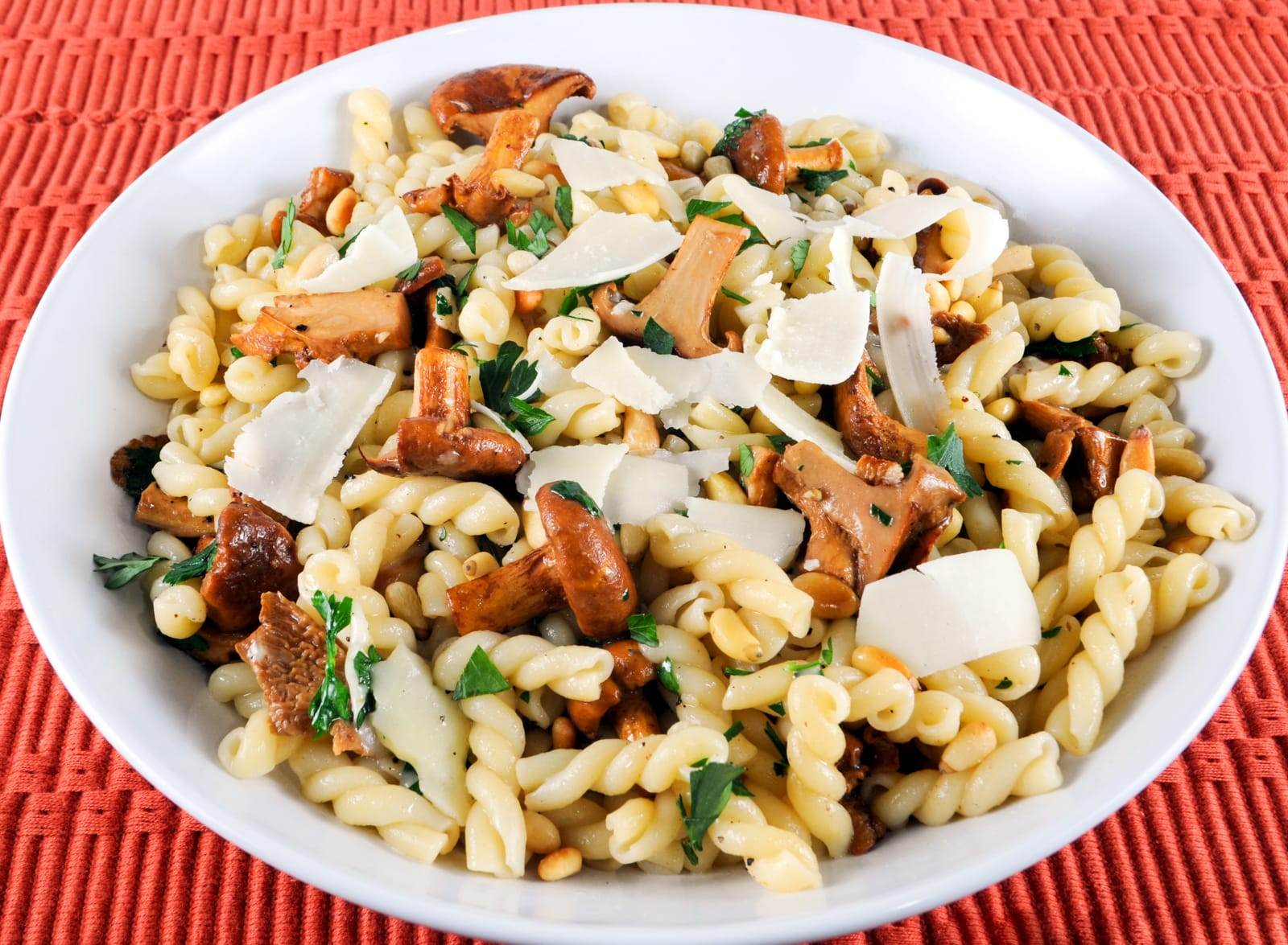 Gemelli with Chanterelles, Pine Nuts, and Parmesan