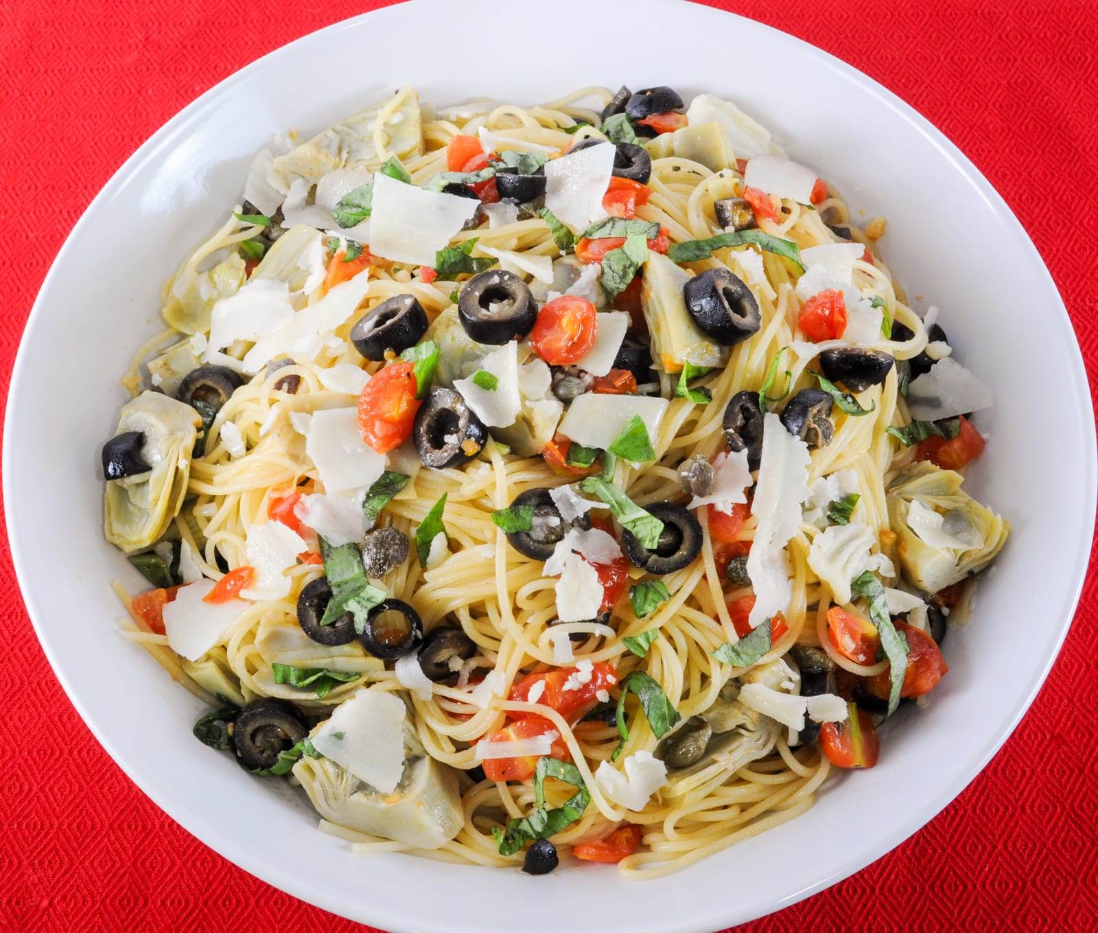 Angel Hair Pasta with Artichokes, Olives, Tomatoes, and Capers