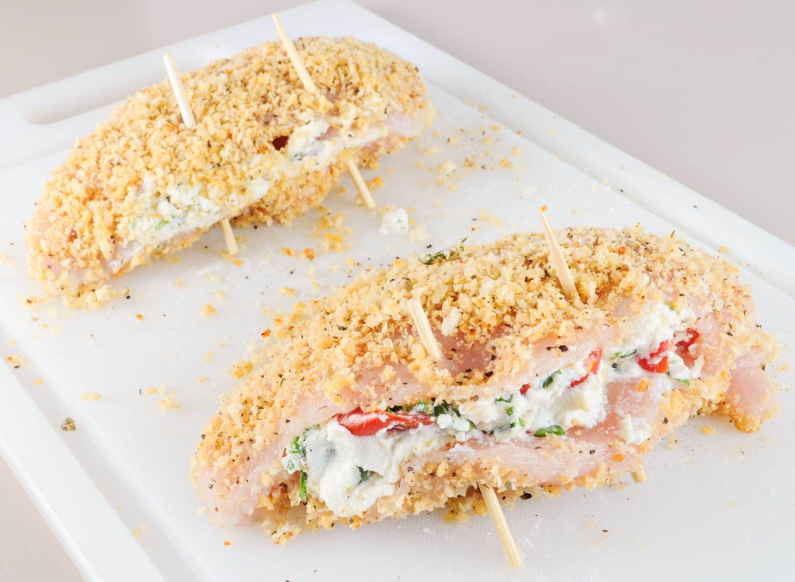 Panko Crusted Chicken Stuffed with Ricotta, Spinach, Tomatoes, and Basil