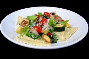 Artichoke Ravioli with Spinach, Tomatoes, Mushrooms, and Squash