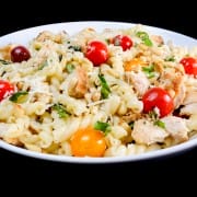 Gemelli with Chicken, Garlic, Heirloom Tomatoes, Basil, and Asiago