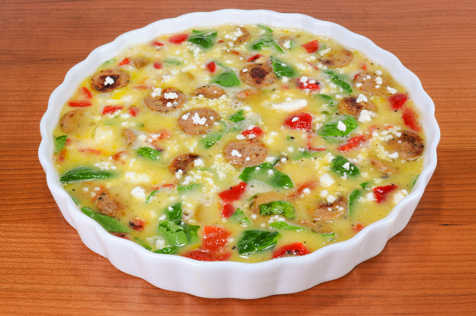 Frittata with Jalapeno Chicken Sausage, Spinach, Roasted Bell Peppers, and Feta