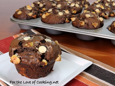 Chocolate, Banana, and White Chocolate Chip Muffins