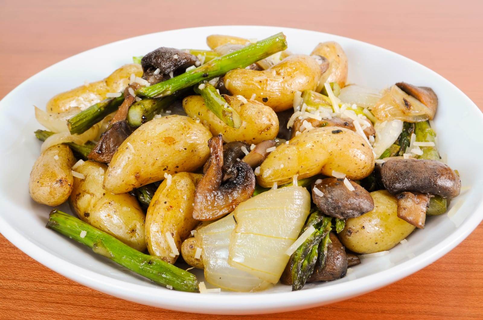 Roasted Baby Potatoes, Mushrooms, Onions, and Asparagus