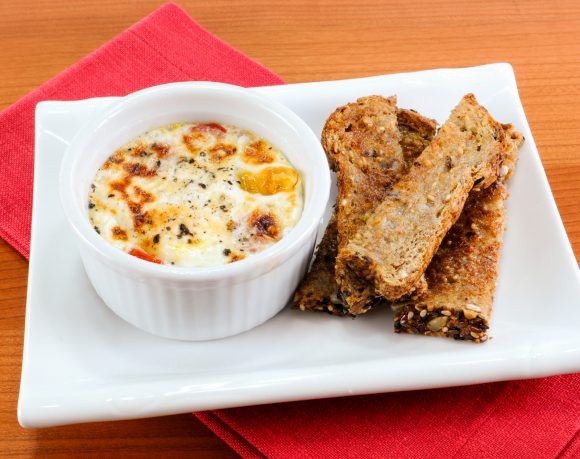 Parmesan and Tomato Baked Egg with Toast Soldiers