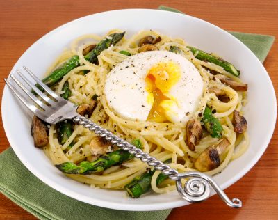 Spaghetti with Asparagus, Mushrooms, Parmesan, and a Poached Egg