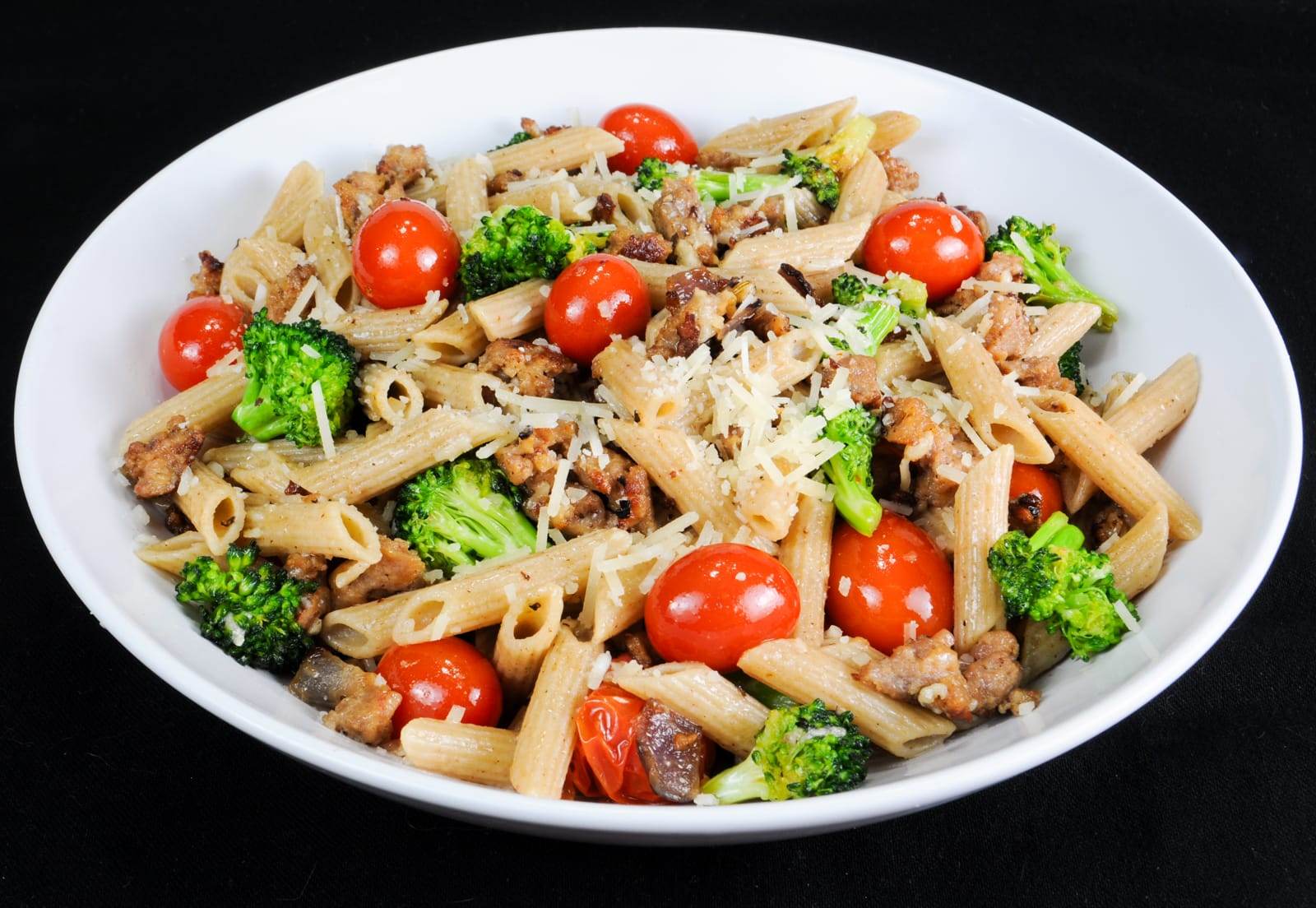 Whole Wheat Penne with Turkey Italian Sausage, Broccoli, Tomatoes, and Parmesan