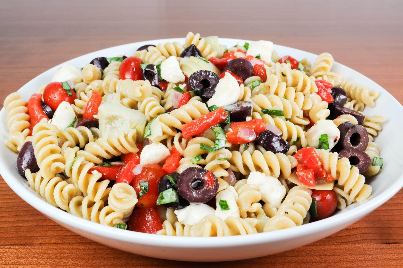 Pasta Salad with Roasted Bell Pepper, Mozzarella, Artichoke Hearts, Kalamata Olives, and Basil