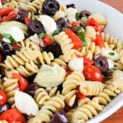 Pasta Salad with Roasted Bell Pepper, Mozzarella, Artichoke Hearts, Kalamata Olives, and Basil