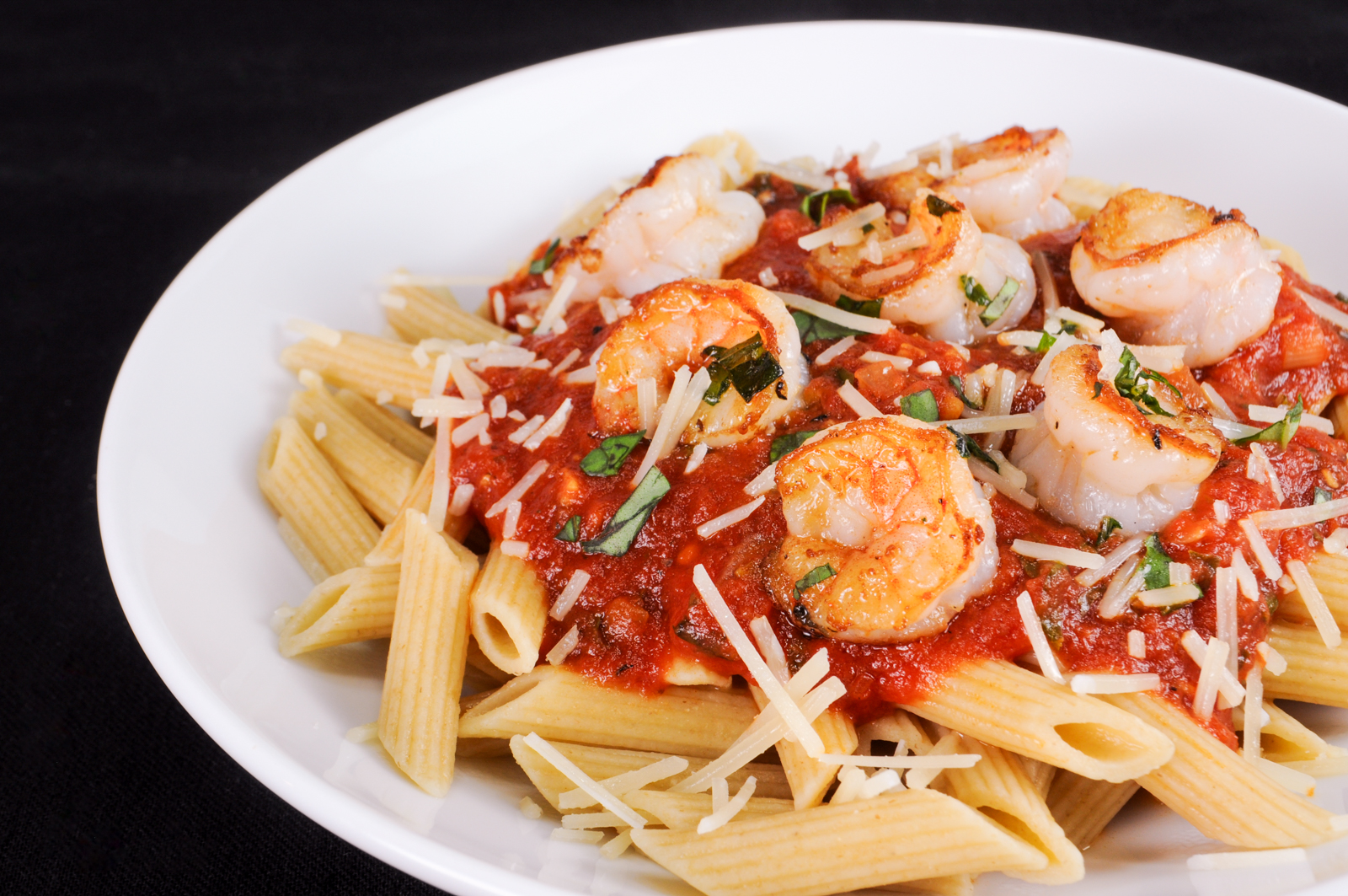 Garlic Basil Shrimp with Penne in a Spicy Basil Marinara