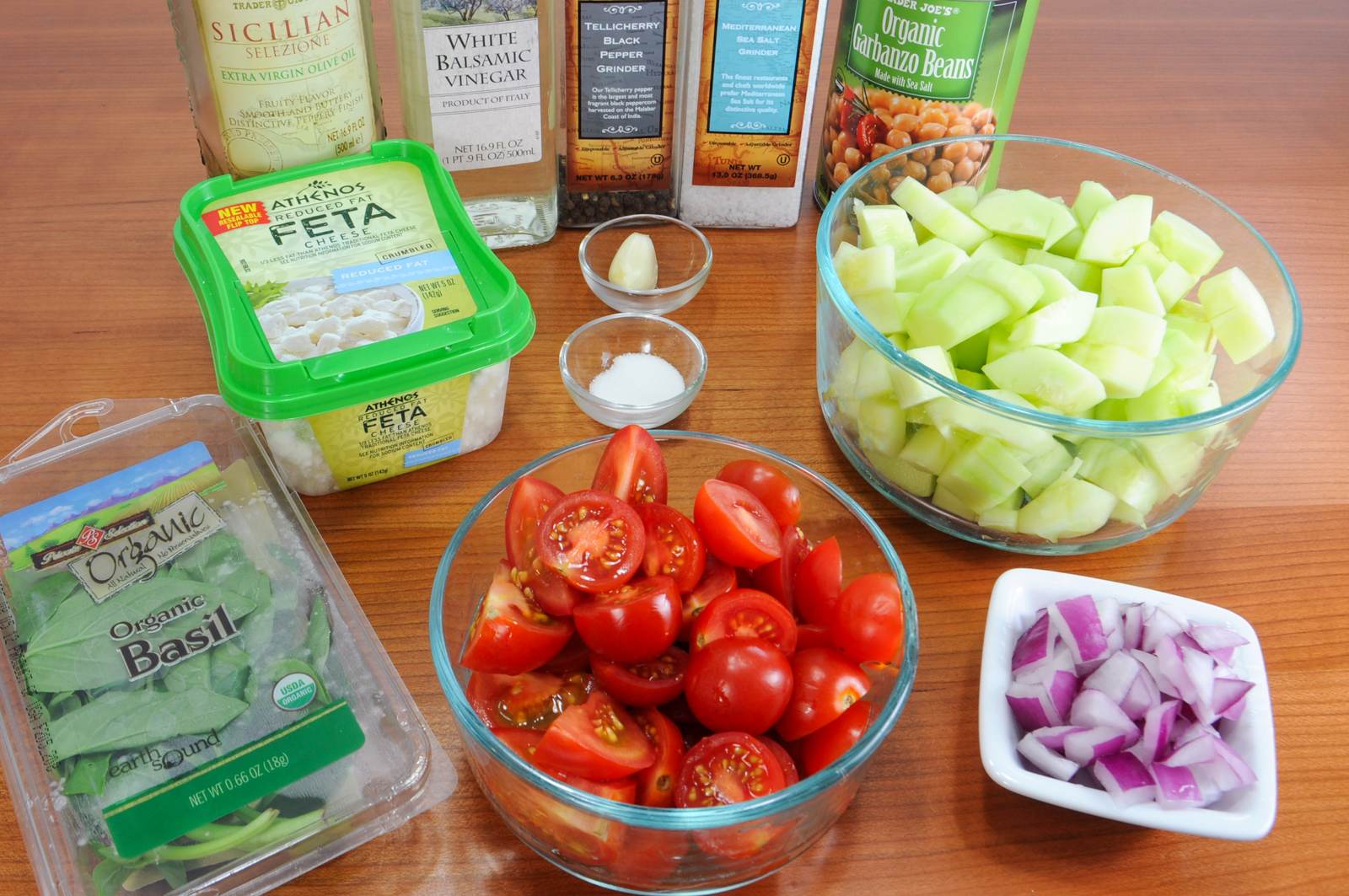 Cucumber and Tomato Salad with Garbanzo Beans and Basil