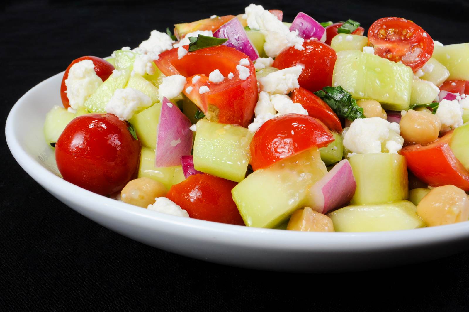 Cucumber and Tomato Salad with Garbanzo Beans and Basil