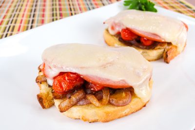 Ham, Swiss, Caramelized Onion, and Sautéed Tomato Open-Faced Sandwich