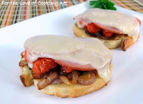 Ham, Swiss, Caramelized Onion, and Sautéed Tomato Open Faced Sandwich