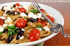 Spaghetti with Tapenade, Tomatoes, Spinach, Arugula, and Feta