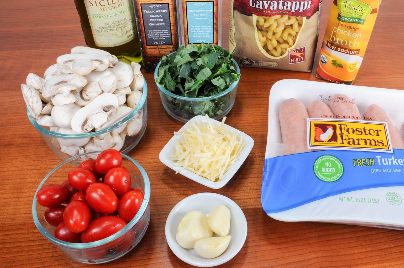 Cavatappi Pasta with Turkey Italian Sausage, Mushrooms, Tomatoes, and Kale