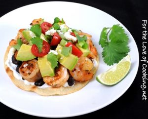 Shrimp, Black Bean, and Avocado Tostada