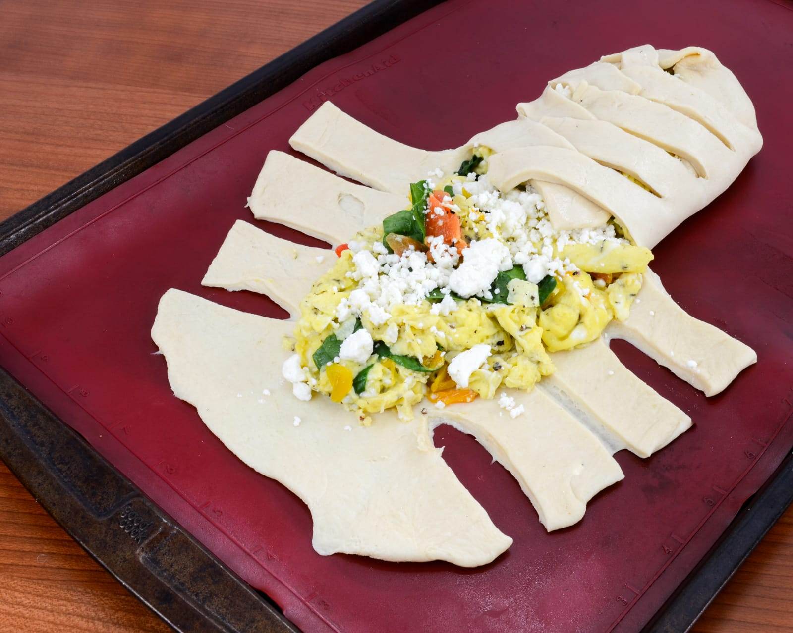 Breakfast Braid with Eggs, Roasted Pepper, Spinach, and Feta