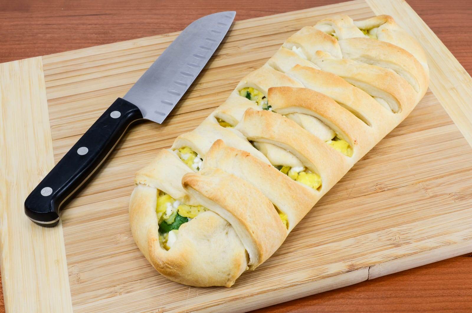 Breakfast Braid with Eggs, Roasted Pepper, Spinach, and Feta