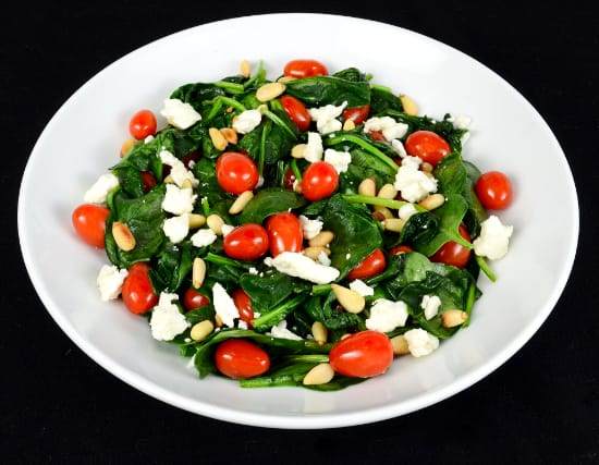 Spinach Sauté with Grape Tomatoes, Feta Cheese, and Toasted Pine Nuts