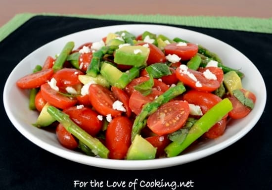 Cherry Tomato, Asparagus, and Avocado Salad Topped with Basil and Feta