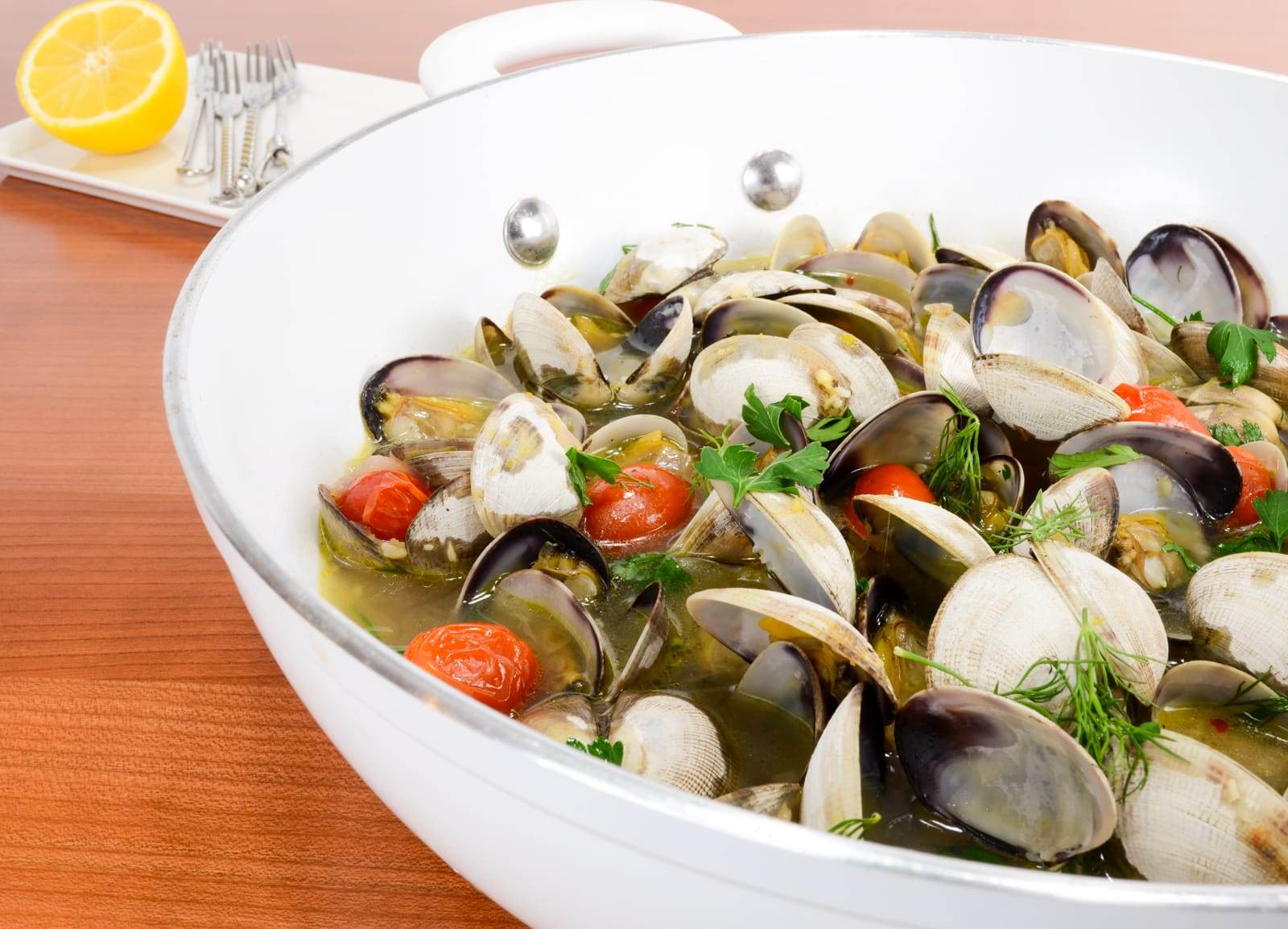 Steamer Clams with Tomato, Garlic, Lemon, Dill, and Parsley