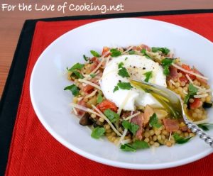 Steamed Egg over Roasted Vegetable Israeli Couscous with Bacon and Parmesan