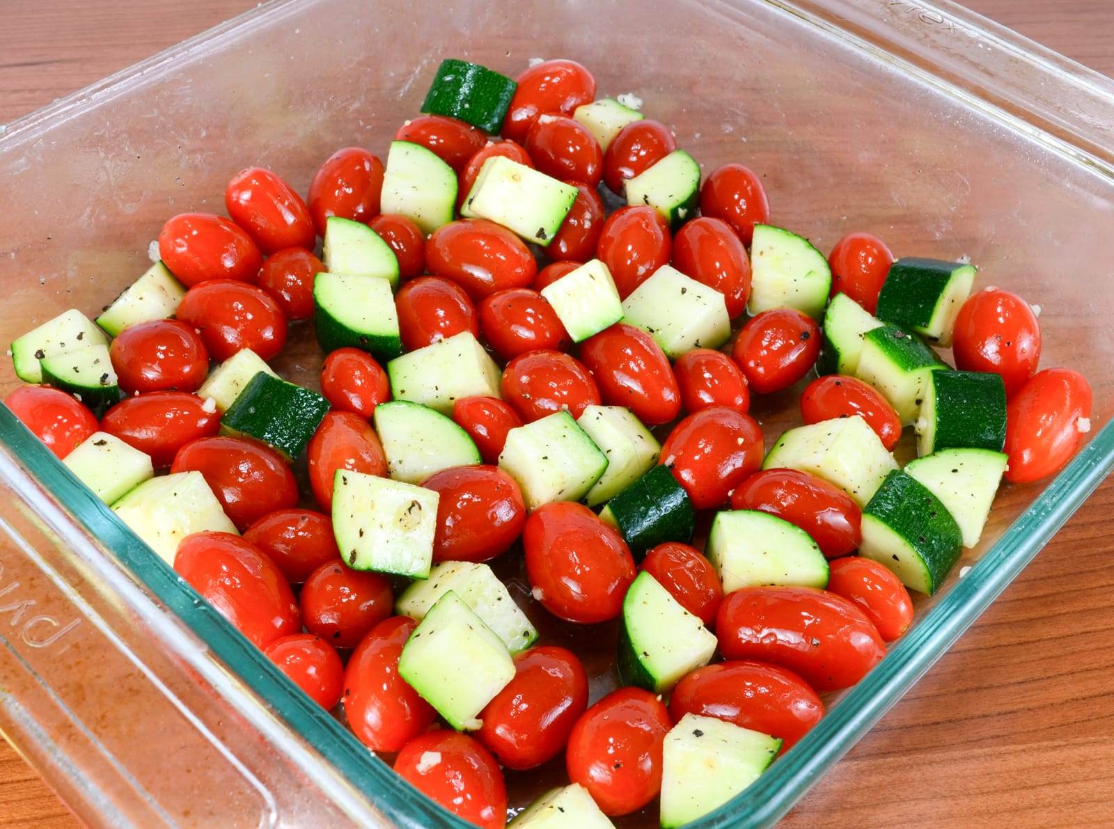 Roasted Grape Tomatoes and Zucchini Topped with Feta and Chives