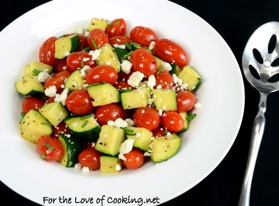 Roasted Grape Tomatoes and Zucchini Topped with Feta and Chives