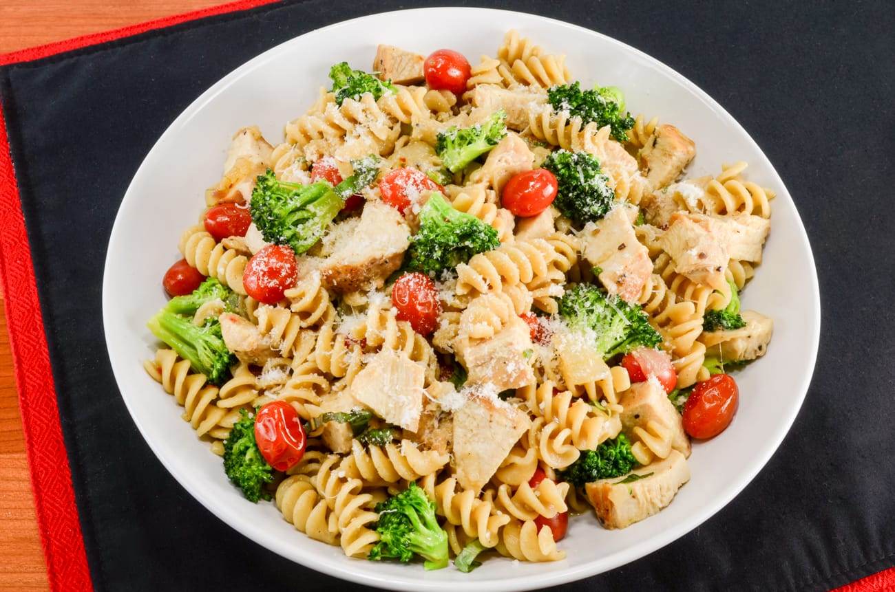 Rotini Pasta with Chicken, Broccoli, Tomatoes, Parmesan, and Fresh Basil