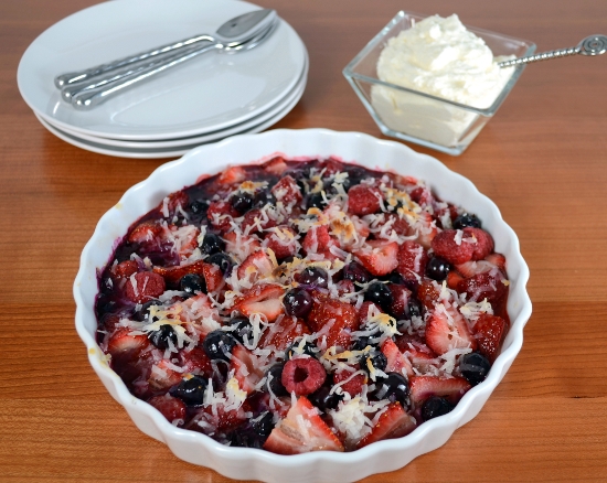 Baked Berries with Lemon Curd and Coconut Topped with Homemade Whipped Cream