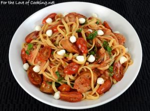 Linguine In Tomato Sauce with Chicken Sausage, Blistered Tomatoes, Kale, and Mozzarella Pearls