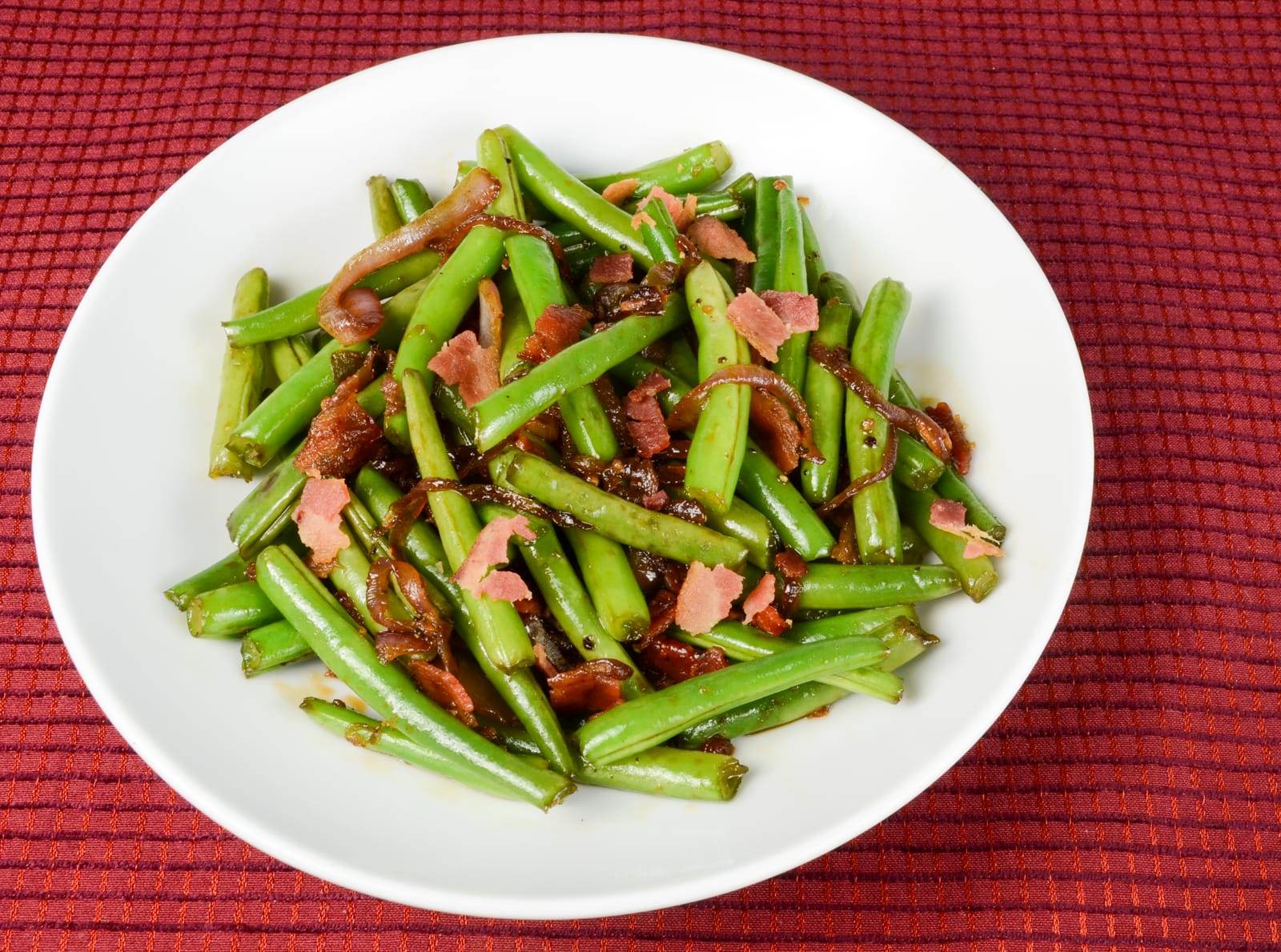 Soy and Garlic Green Beans with Bacon and Caramelized Red Onions