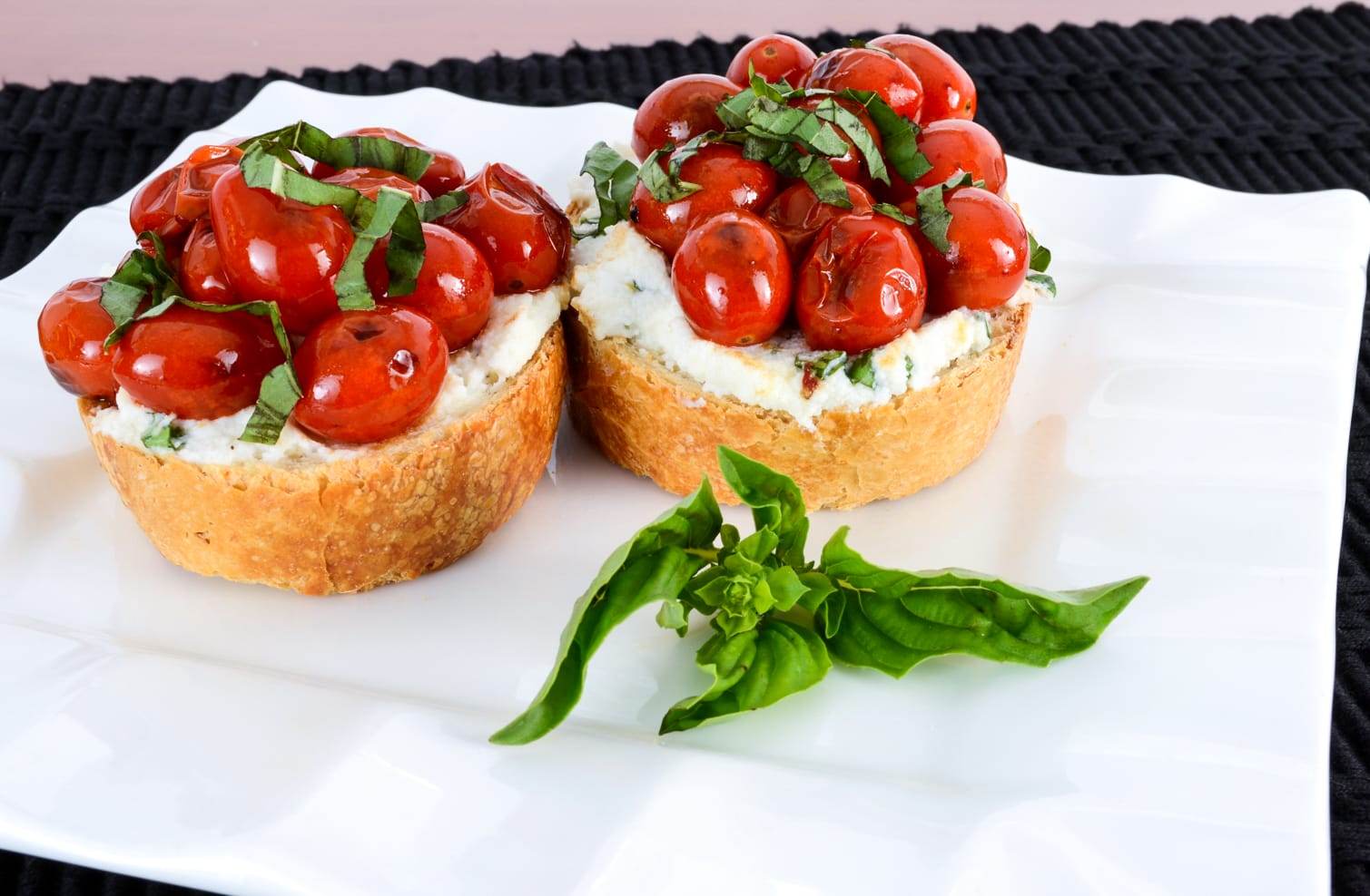 Blistered Tomato and Ricotta Bruschetta with Fresh Basil