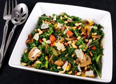 Warm Balsamic Kale, Mushroom, and Pepper Salad with Toasted Pine Nuts