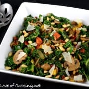 Warm Balsamic Kale, Mushroom, and Pepper Salad with Toasted Pine Nuts