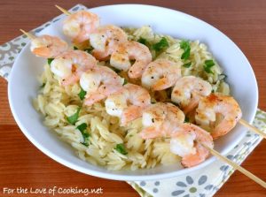 Shrimp Skewers with Garlicky Parmesan Orzo
