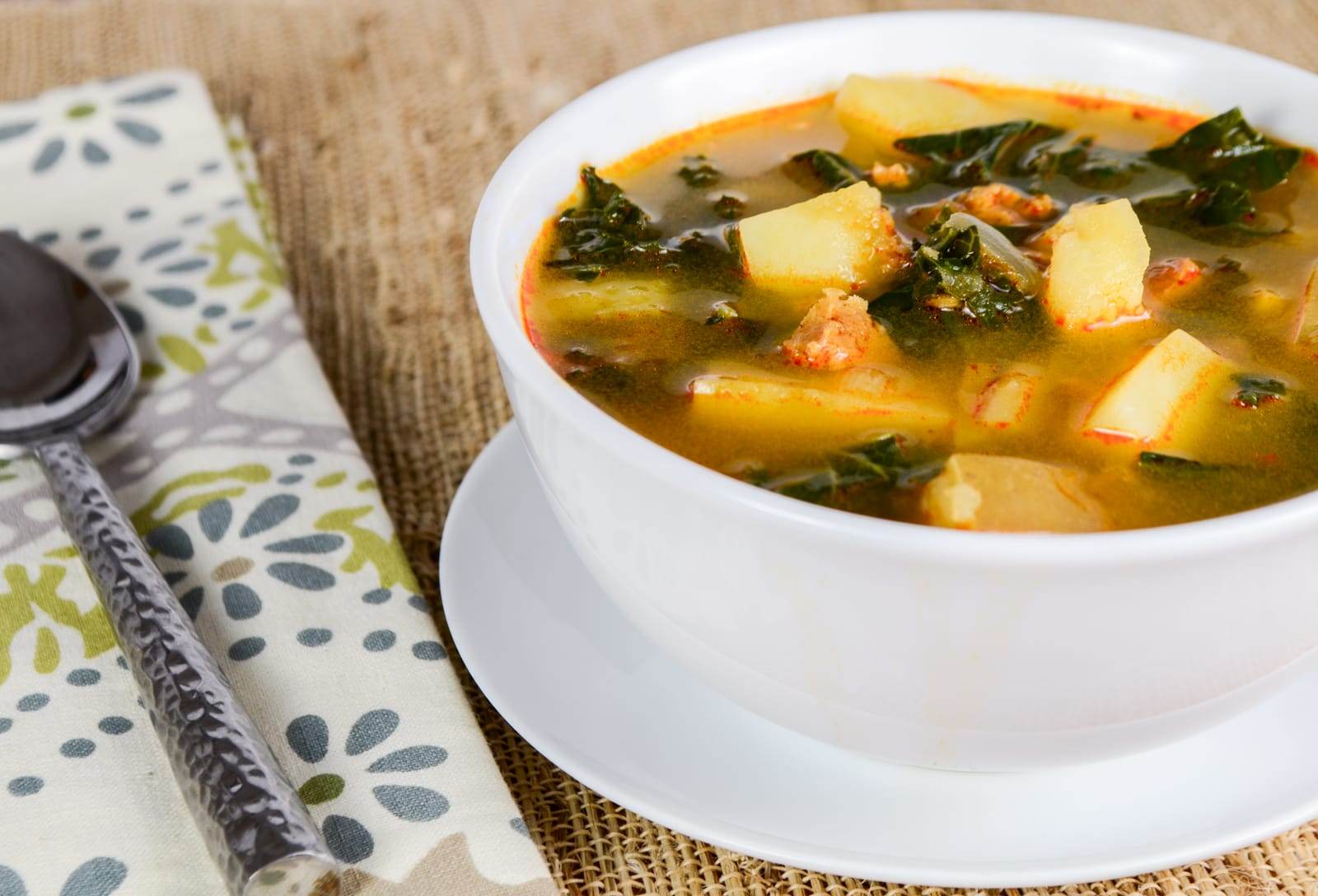 Portuguese Caldo Verde - Soup with Potatoes, Kale, and Chorizo