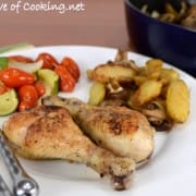 One Pot Meal ~ Roasted Drumsticks with Fingerling Potatoes, Mushrooms, Tomatoes, and Zucchini
